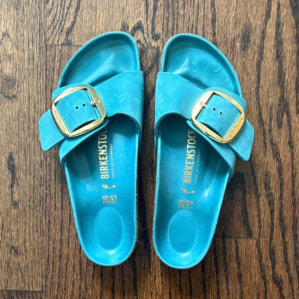 Birkenstock Kids Teal Suede Slide Sandals with Gold Buckle